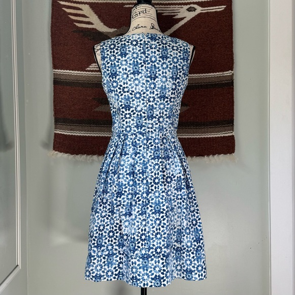 Calvin Klein Sleeveless Fit and Flare Pleated Dress in Regatta Print - Picture 3 of 10